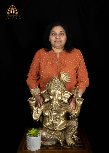 20" Brass Pagadi (Turban) Ganesh Seated in Abhaya Mudra with Axe and Noose