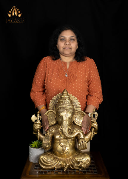 Majestic Seated Brass Ganesha Statue in Abhaya Mudra Holding Axe and Noose 20"