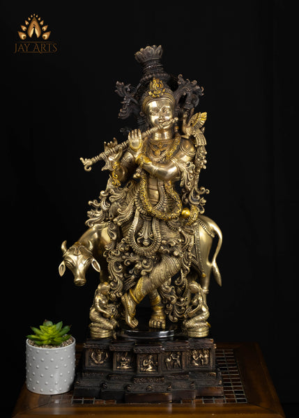 29" Brass Lord Krishna with Sacred Cow & Gopis Intricately Detailed Divine Flutist Statue