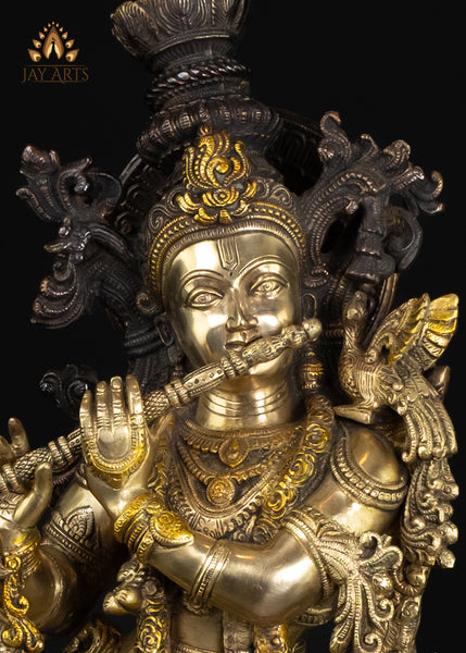 29" Brass Lord Krishna with Sacred Cow & Gopis Intricately Detailed Divine Flutist Statue