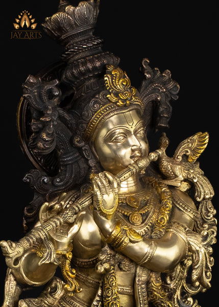 29" Brass Lord Krishna with Sacred Cow & Gopis Intricately Detailed Divine Flutist Statue