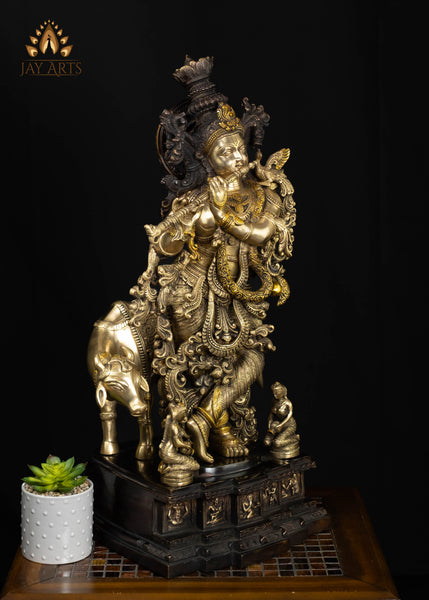 29" Brass Lord Krishna with Sacred Cow & Gopis Intricately Detailed Divine Flutist Statue