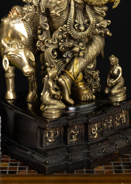29" Brass Lord Krishna with Sacred Cow & Gopis Intricately Detailed Divine Flutist Statue