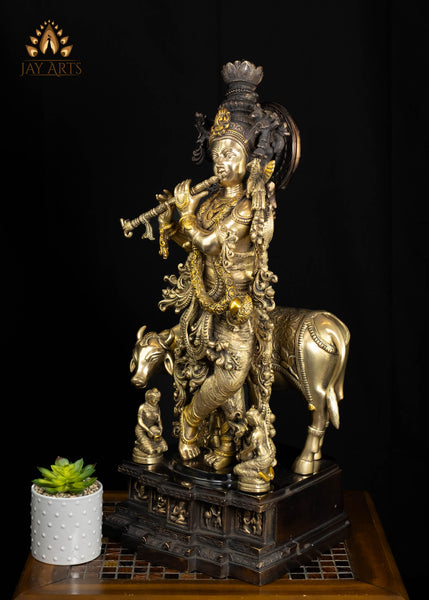 29" Brass Lord Krishna with Sacred Cow & Gopis Intricately Detailed Divine Flutist Statue