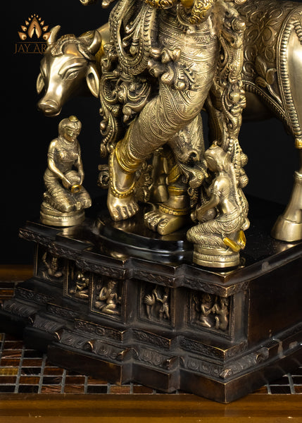 29" Brass Lord Krishna with Sacred Cow & Gopis Intricately Detailed Divine Flutist Statue