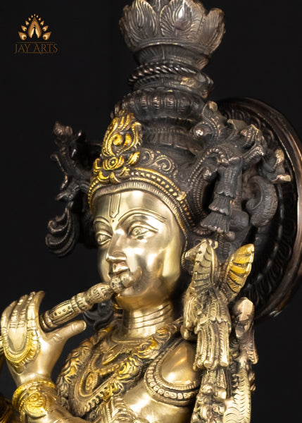 29" Brass Lord Krishna with Sacred Cow & Gopis Intricately Detailed Divine Flutist Statue