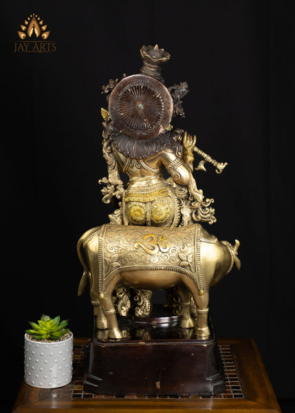 29" Brass Lord Krishna with Sacred Cow & Gopis Intricately Detailed Divine Flutist Statue