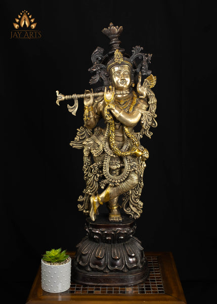 37" Tall Brass Lord Krishna Playing the Flute on Lotus Pedestal | Antique Patina | Hindu Art