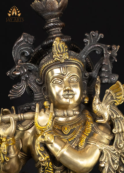 37" Tall Brass Lord Krishna Playing the Flute on Lotus Pedestal | Antique Patina | Hindu Art