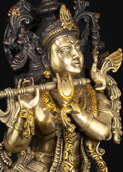 37" Tall Brass Lord Krishna Playing the Flute on Lotus Pedestal | Antique Patina | Hindu Art