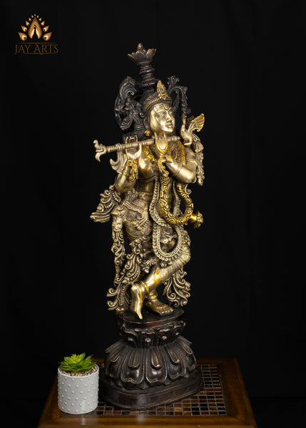 37" Tall Brass Lord Krishna Playing the Flute on Lotus Pedestal | Antique Patina | Hindu Art