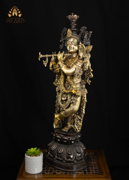 37" Tall Brass Lord Krishna Playing the Flute on Lotus Pedestal | Antique Patina | Hindu Art