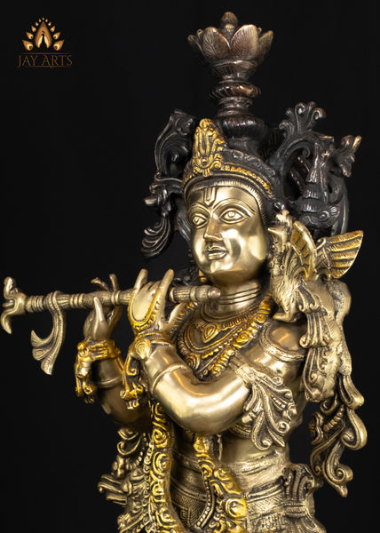 37" Tall Brass Lord Krishna Playing the Flute on Lotus Pedestal | Antique Patina | Hindu Art