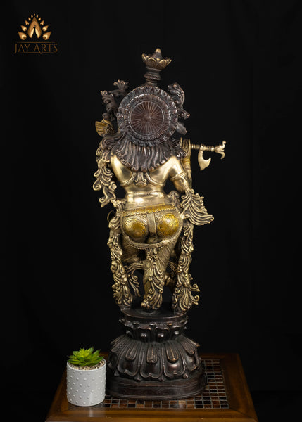37" Tall Brass Lord Krishna Playing the Flute on Lotus Pedestal | Antique Patina | Hindu Art