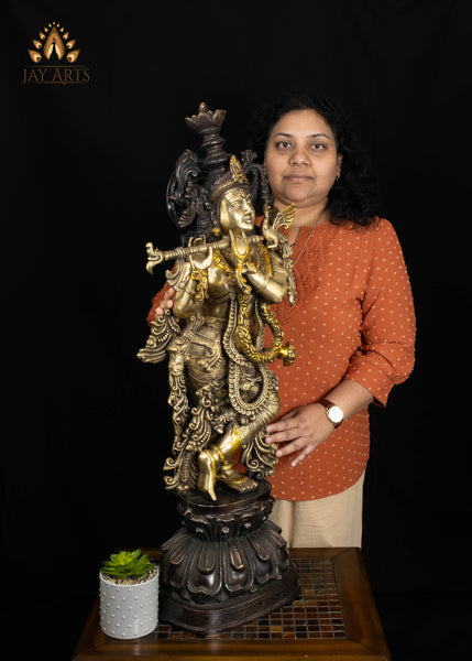 37" Tall Brass Lord Krishna Playing the Flute on Lotus Pedestal | Antique Patina | Hindu Art
