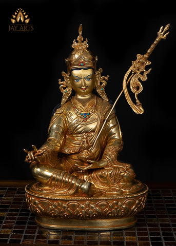 14" Guru Padmasambhava Gold Gilded Copper Statue from Nepal