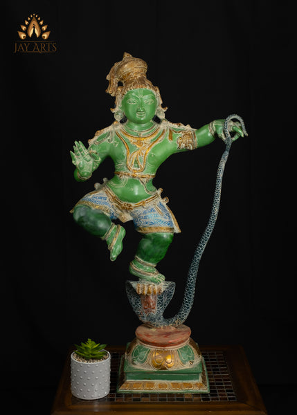 35" Brass Dancing Krishna on Kalinga Serpent Statue with Vibrant Patina | Handcrafted in India