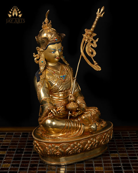 14" Guru Padmasambhava Gold Gilded Copper Statue from Nepal