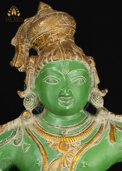 35" Brass Dancing Krishna on Kalinga Serpent Statue with Vibrant Patina | Handcrafted in India