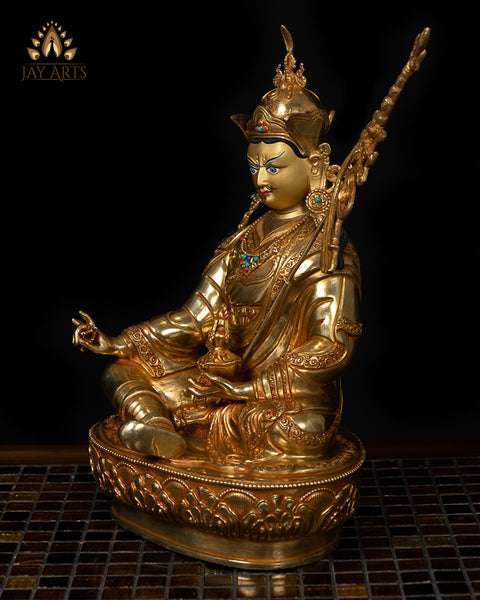 14" Guru Padmasambhava Gold Gilded Copper Statue from Nepal