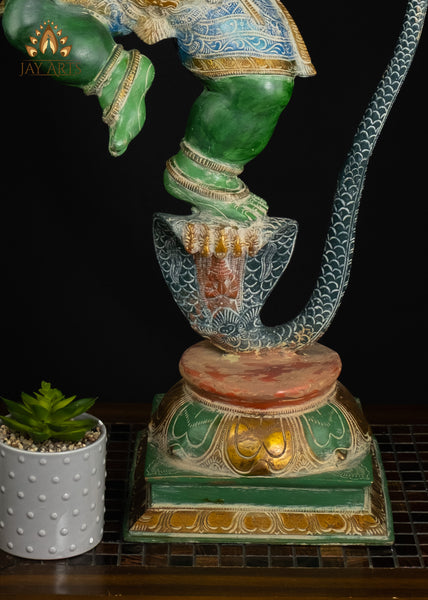 35" Brass Dancing Krishna on Kalinga Serpent Statue with Vibrant Patina | Handcrafted in India