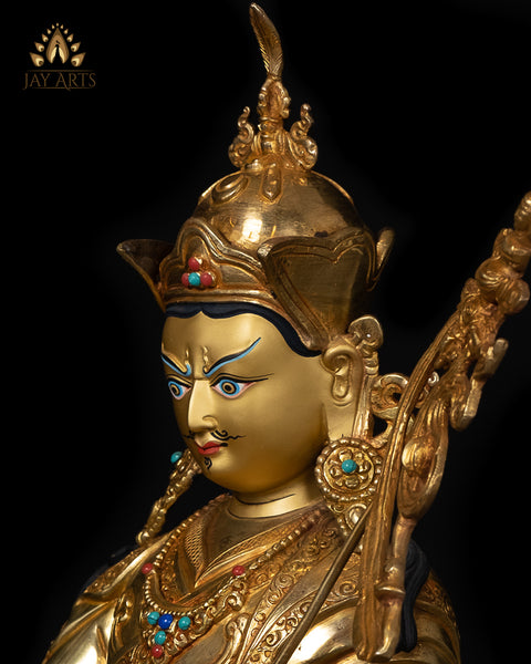 14" Guru Padmasambhava Gold Gilded Copper Statue from Nepal