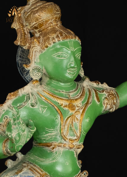 35" Brass Dancing Krishna on Kalinga Serpent Statue with Vibrant Patina | Handcrafted in India