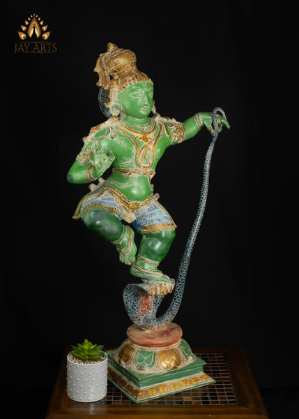 35" Brass Dancing Krishna on Kalinga Serpent Statue with Vibrant Patina | Handcrafted in India