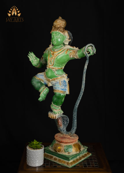 35" Brass Dancing Krishna on Kalinga Serpent Statue with Vibrant Patina | Handcrafted in India