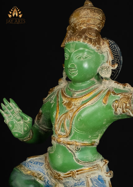 35" Brass Dancing Krishna on Kalinga Serpent Statue with Vibrant Patina | Handcrafted in India