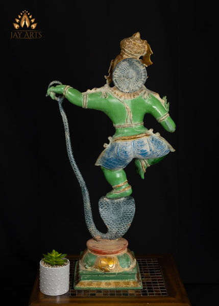 35" Brass Dancing Krishna on Kalinga Serpent Statue with Vibrant Patina | Handcrafted in India