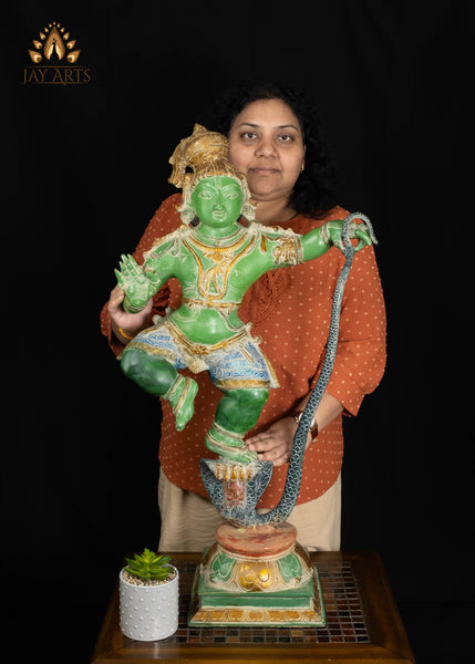35" Brass Dancing Krishna on Kalinga Serpent Statue with Vibrant Patina | Handcrafted in India