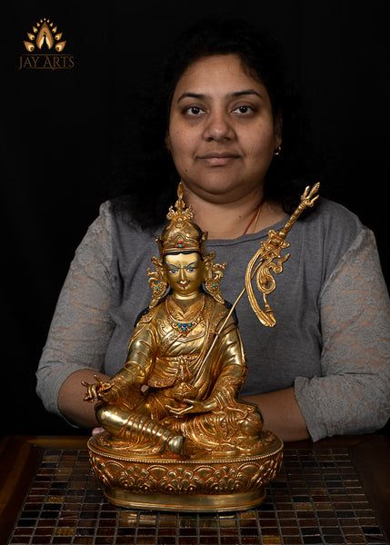 14" Guru Padmasambhava Gold Gilded Copper Statue from Nepal