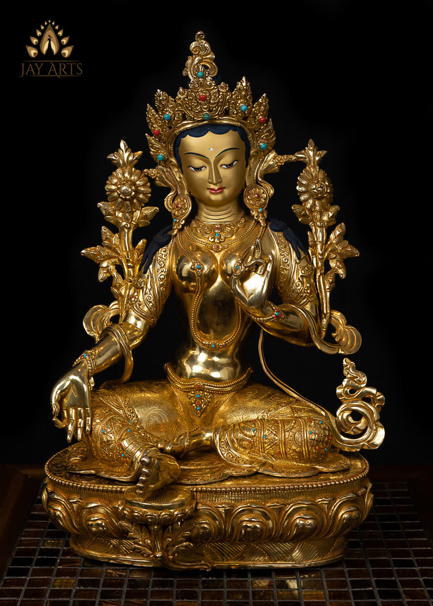 19” Green Tara Bodhisattva Copper Statue from Nepal.