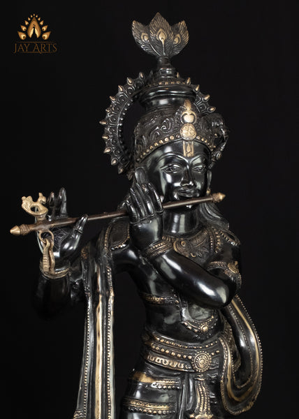 36" Brass Krishna Statue on Lotus Base with Flute Elegant Black Statue | Handcrafted in India
