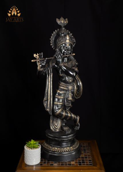 36" Brass Krishna Statue on Lotus Base with Flute Elegant Black Statue | Handcrafted in India