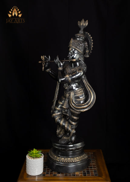 36" Brass Krishna Statue on Lotus Base with Flute Elegant Black Statue | Handcrafted in India