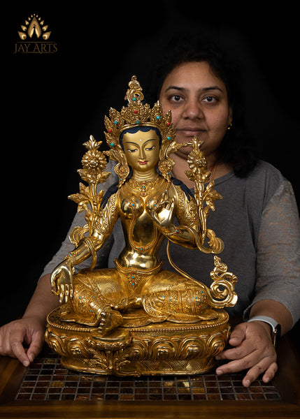 19” Green Tara Bodhisattva Copper Statue from Nepal.