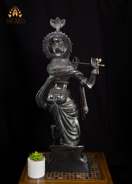 36" Brass Krishna Statue on Lotus Base with Flute Elegant Black Statue | Handcrafted in India