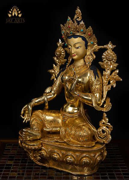 19” Green Tara Bodhisattva Copper Statue from Nepal.