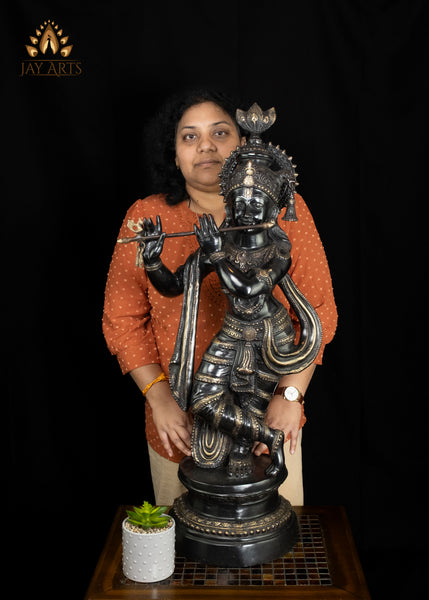 36" Brass Krishna Statue on Lotus Base with Flute Elegant Black Statue | Handcrafted in India