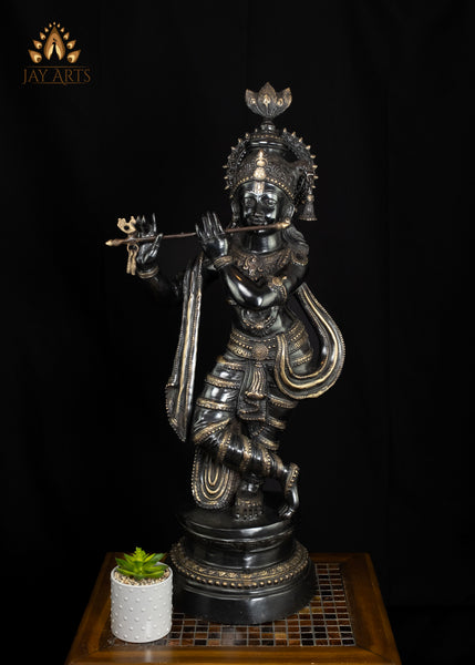 36" Brass Krishna Statue on Lotus Base with Flute Elegant Black Statue | Handcrafted in India