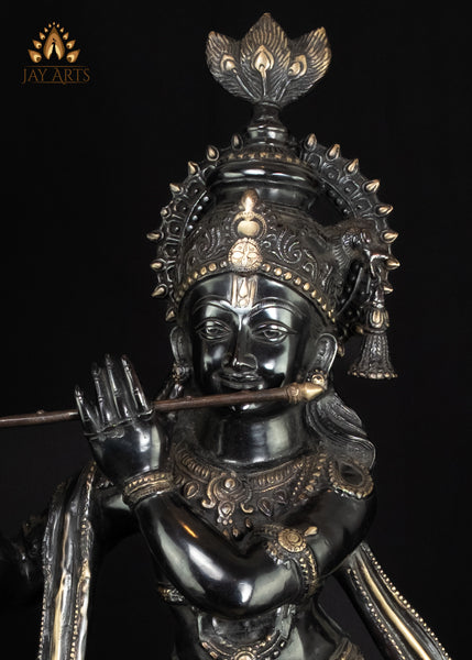 36" Brass Krishna Statue on Lotus Base with Flute Elegant Black Statue | Handcrafted in India