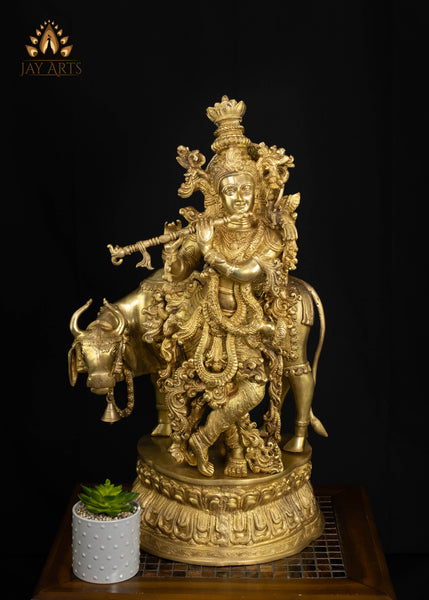 Brass Sri Krishna Statue with a cow 28" Exquisitely Detailed