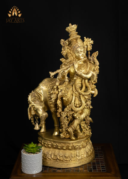 Brass Sri Krishna Statue with a cow 28" Exquisitely Detailed