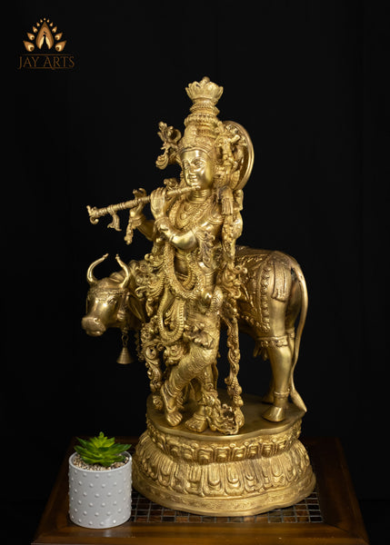 Brass Sri Krishna Statue with a cow 28" Exquisitely Detailed