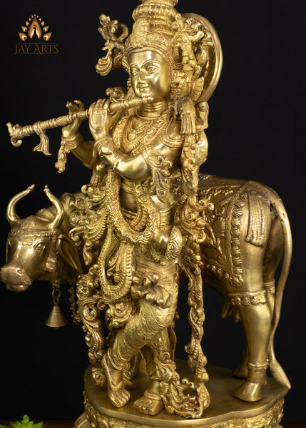 Brass Sri Krishna Statue with a cow 28" Exquisitely Detailed