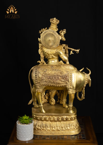 Brass Sri Krishna Statue with a cow 28" Exquisitely Detailed