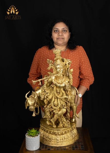 Brass Sri Krishna Statue with a cow 28" Exquisitely Detailed