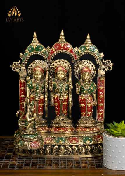 16" Brass Sacred Ram Parivar Set | Lord Rama, Sita, Lakshman & Hanuman in Vibrant Inlay Work
